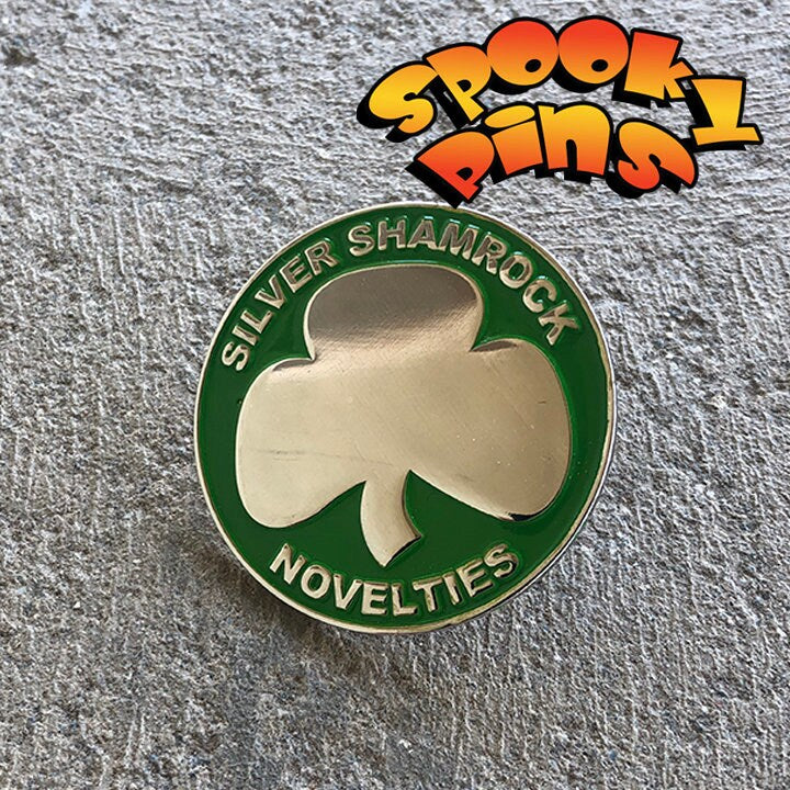 Spooky Pins Halloween Pin Set Skull, Witch, Jack O Lantern, And Silver Shamrock Enamel 1.5 inch Pins