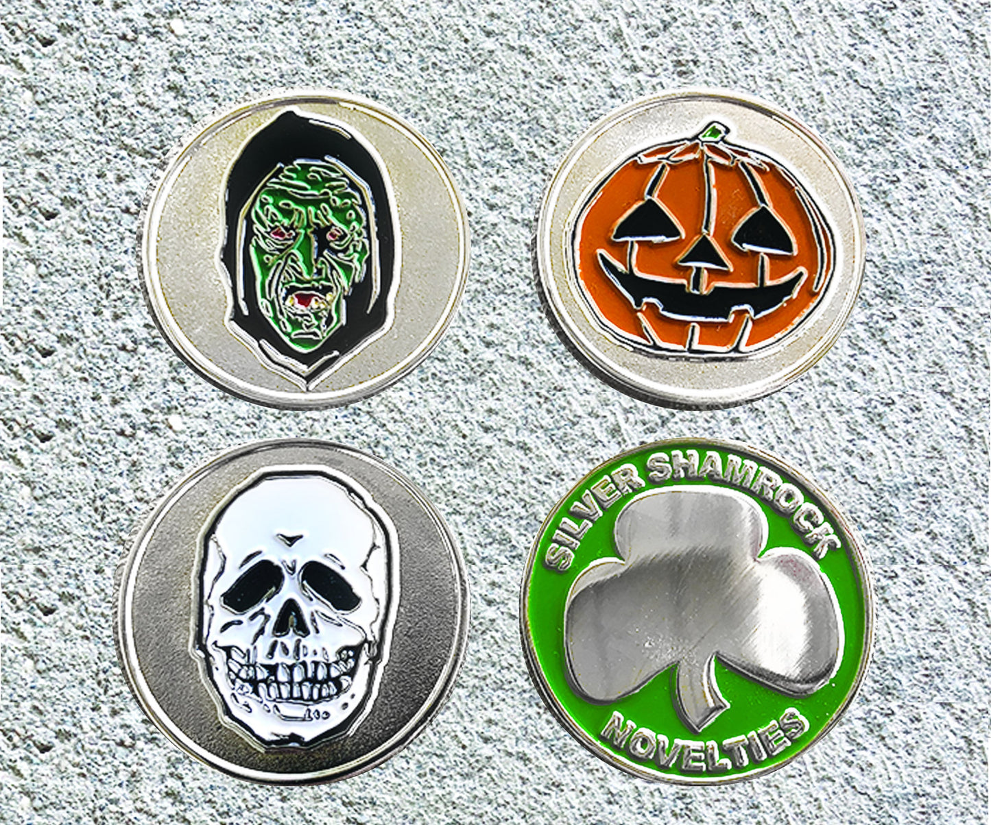 Spooky Coins Halloween Set Skull, Witch, and Jack O Lantern with Silver Shamrock Backs 1.5 inch Coins