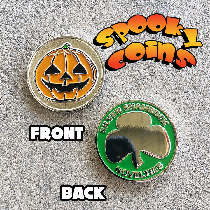 Spooky Coins Halloween Set Skull, Witch, and Jack O Lantern with Silver Shamrock Backs 1.5 inch Coins