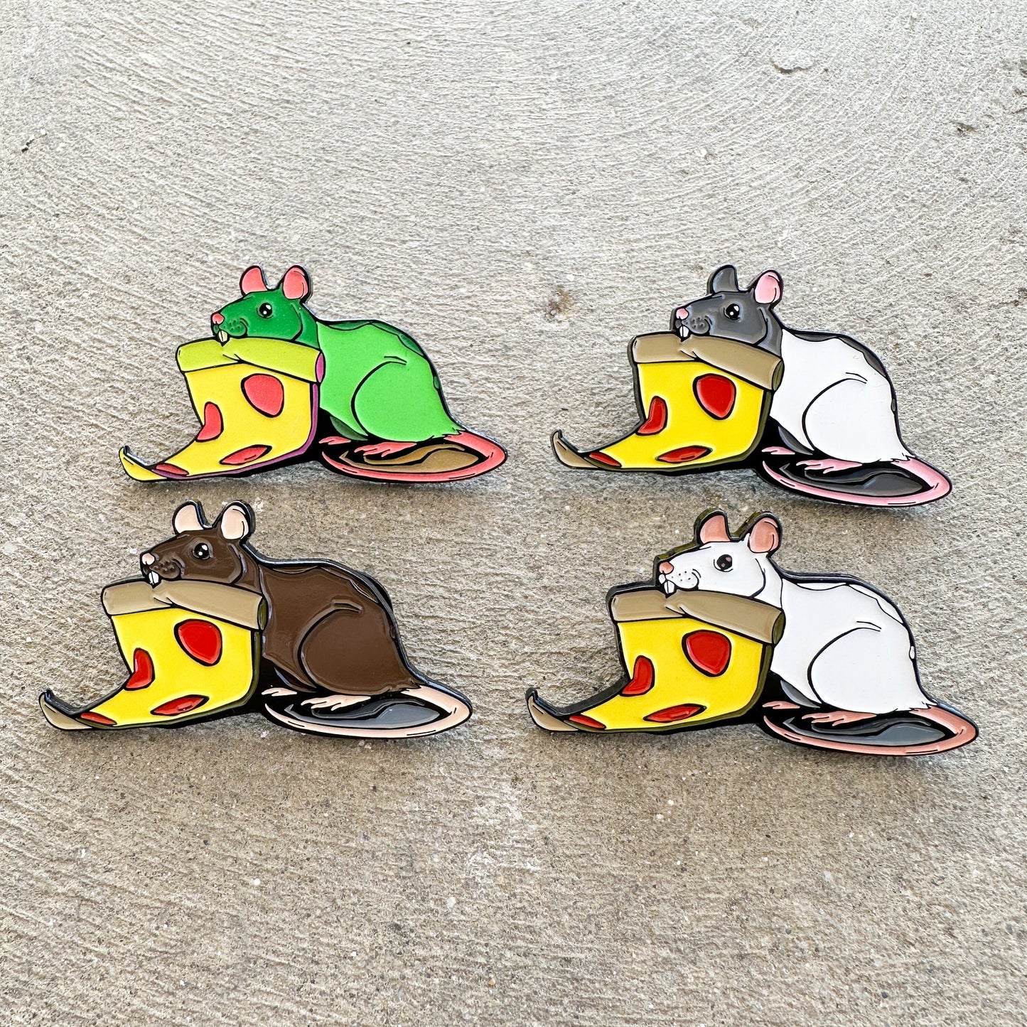 Pizza Rat Mischief Glow in the Dark GID Brown Pew and Hooded Two inch Enamel Pins Set of four