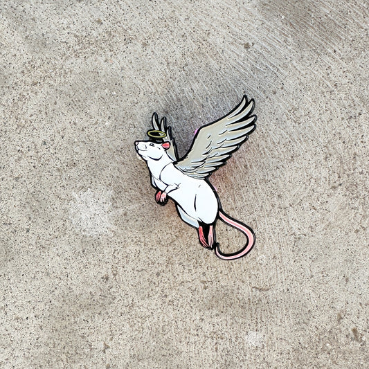 PEW Angel Rat Pink Eyes White Rat Two inch Enamel Pin