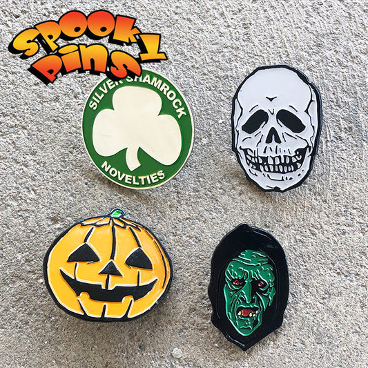 Spooky Pins Halloween Pin Set Skull, Witch, Jack O Lantern, And Silver Shamrock Enamel 1.5 inch Pins