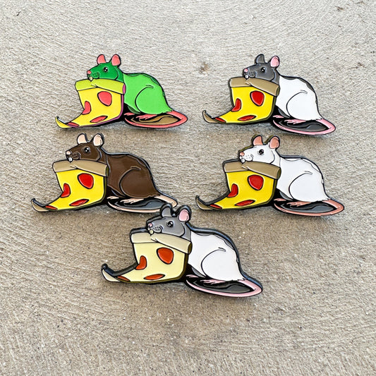 Pizza Rat Mischief Glow in the Dark GID Brown Pew and Hooded light & Dark Grey Two inch Enamel Pins Set of Five