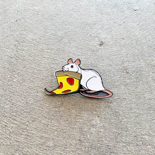 PEW Pizza Rat  Pink Eyes White Rat Two inch Enamel Pin